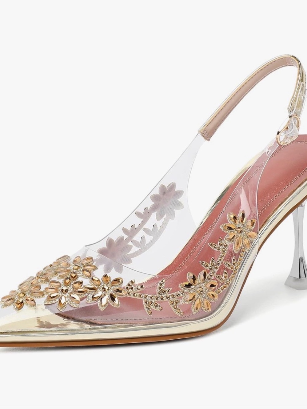 Gold Floral Embellished Clear Slingback Pumps